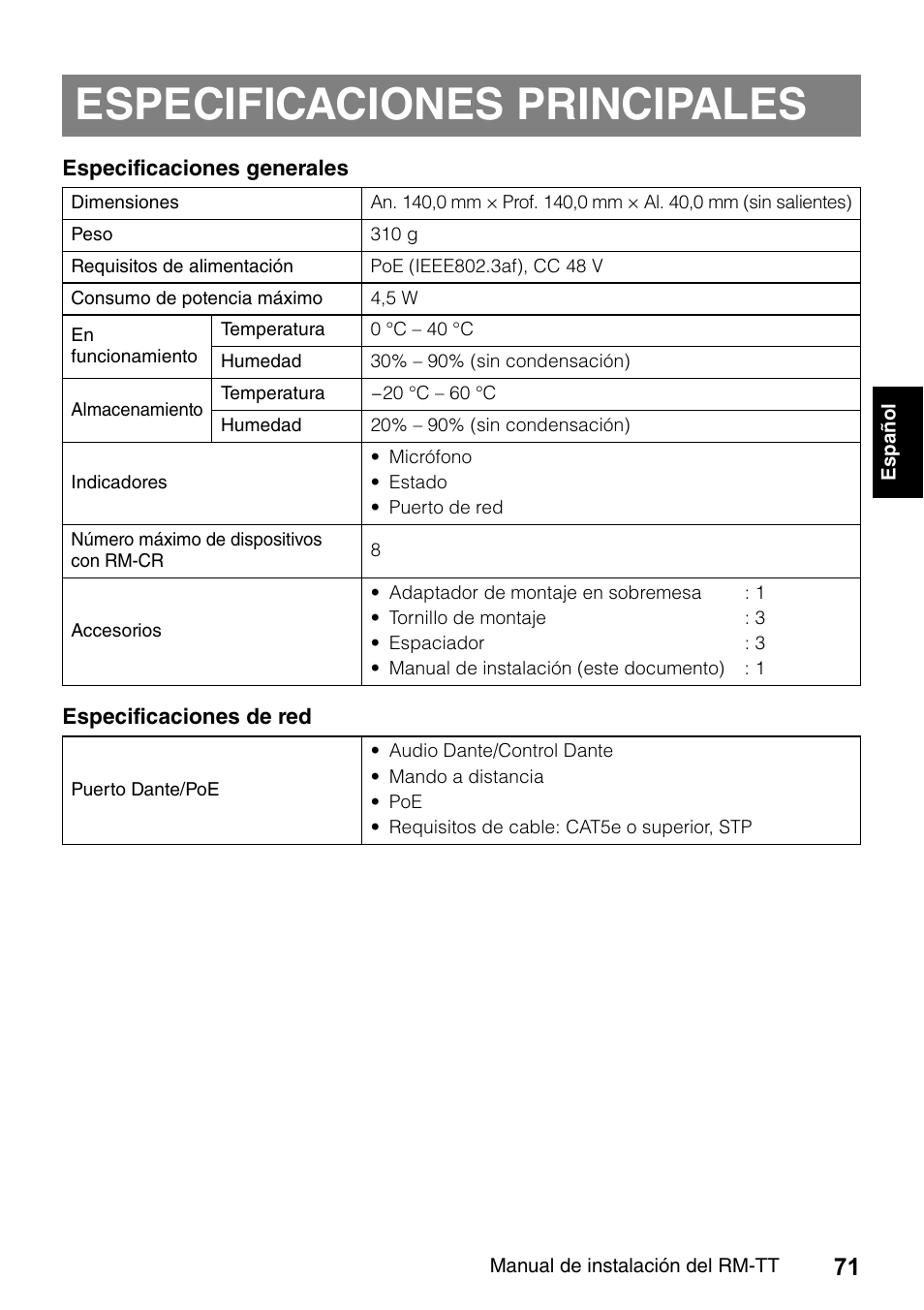 Especificaciones principales | Yamaha ADECIA RM-TT Wired Tabletop Array Microphone (Black) User Manual | Page 71 / 184