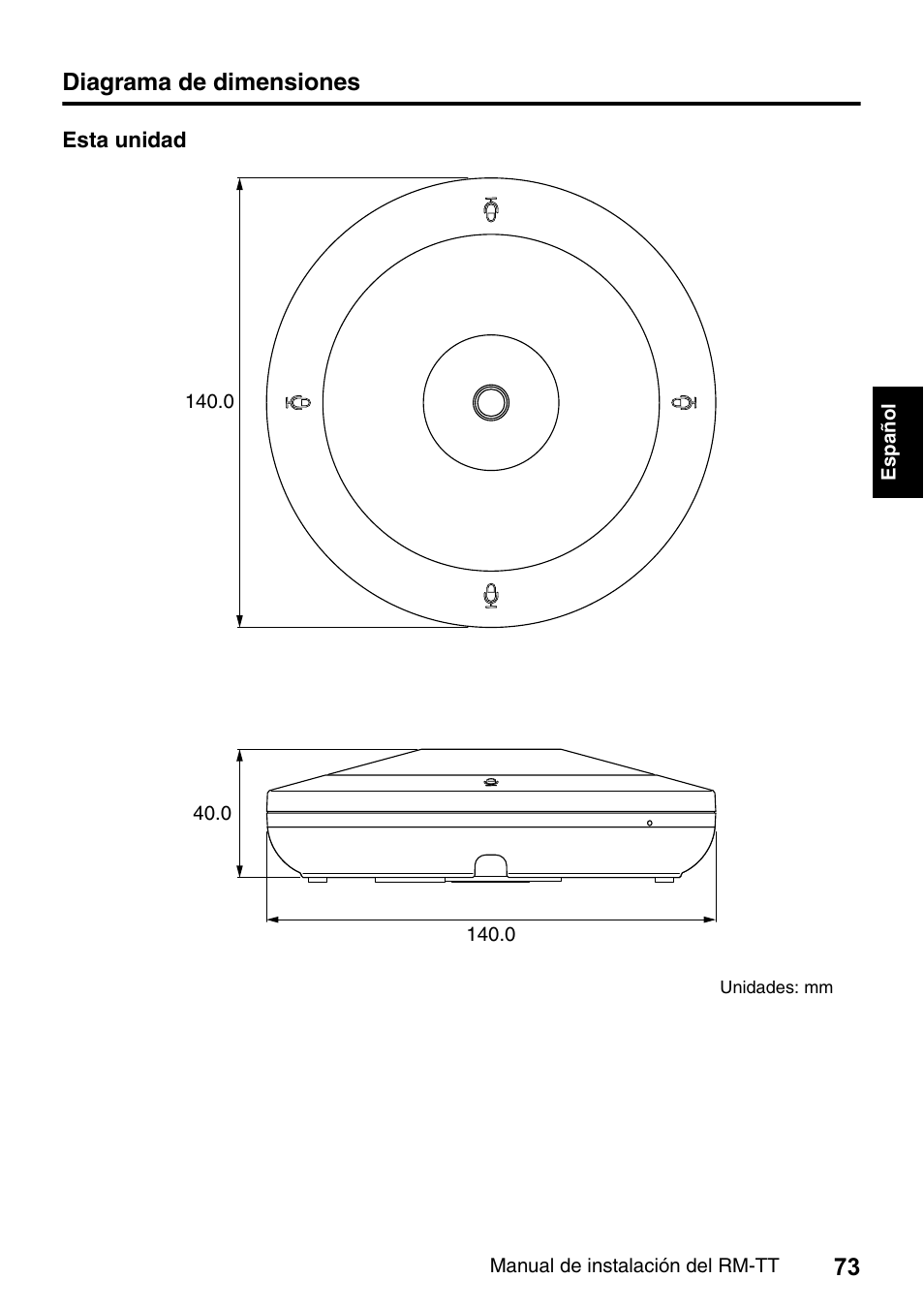 Diagrama de dimensiones | Yamaha ADECIA RM-TT Wired Tabletop Array Microphone (Black) User Manual | Page 73 / 184