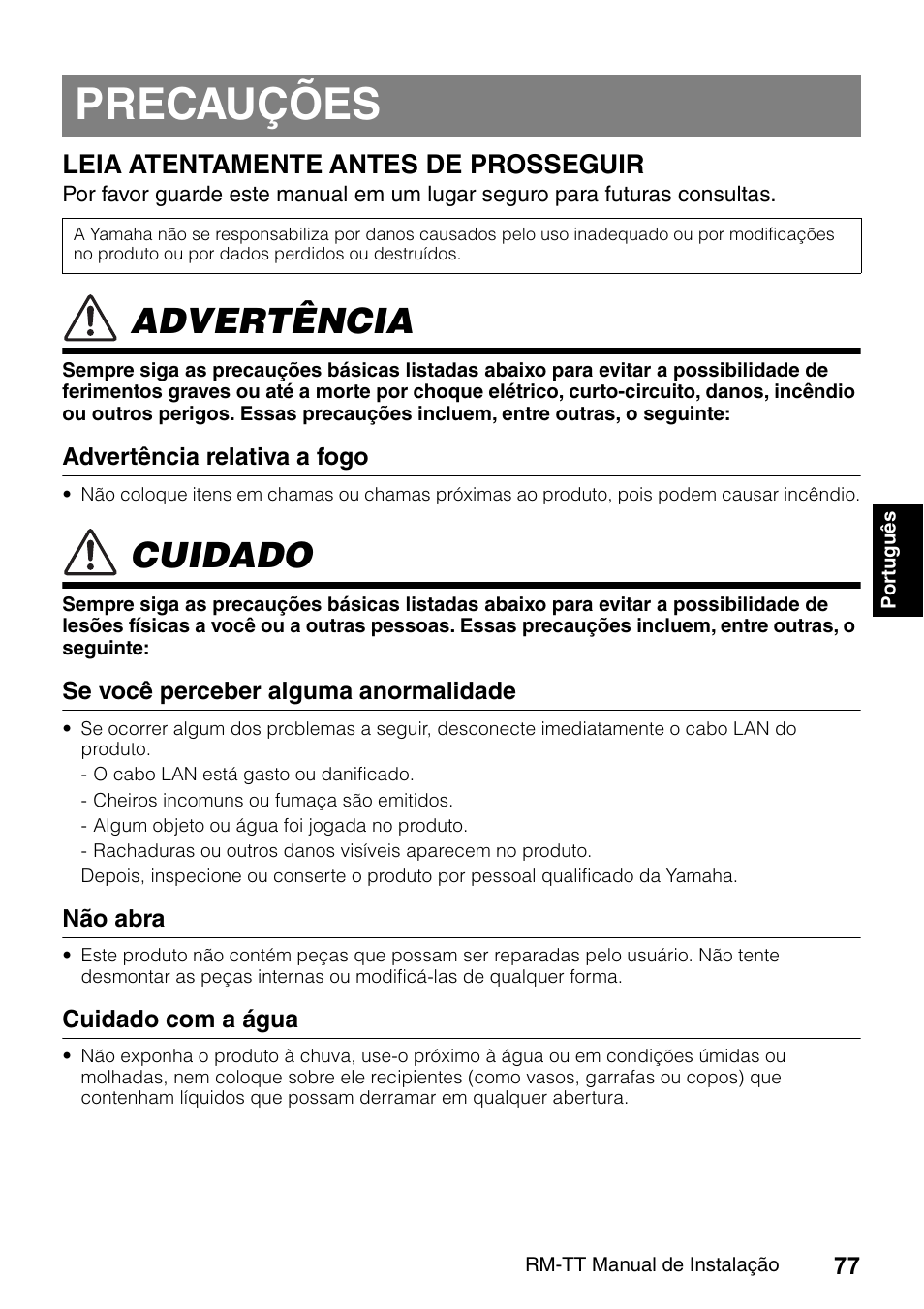 Precauções, Advertência, Cuidado | Leia atentamente antes de prosseguir | Yamaha ADECIA RM-TT Wired Tabletop Array Microphone (Black) User Manual | Page 77 / 184