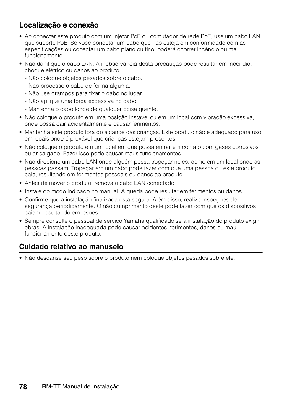 Localização e conexão, Cuidado relativo ao manuseio | Yamaha ADECIA RM-TT Wired Tabletop Array Microphone (Black) User Manual | Page 78 / 184