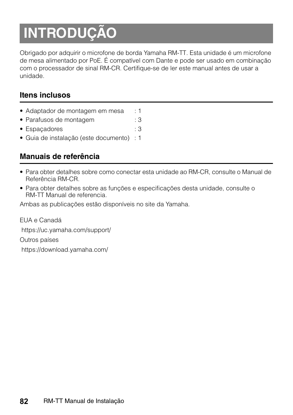 Introdução, Itens inclusos, Manuais de referência | Yamaha ADECIA RM-TT Wired Tabletop Array Microphone (Black) User Manual | Page 82 / 184