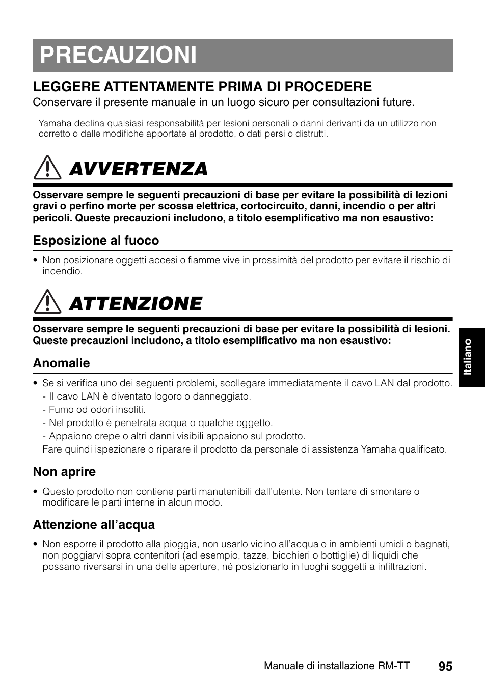 Precauzioni, Avvertenza, Attenzione | Leggere attentamente prima di procedere | Yamaha ADECIA RM-TT Wired Tabletop Array Microphone (Black) User Manual | Page 95 / 184