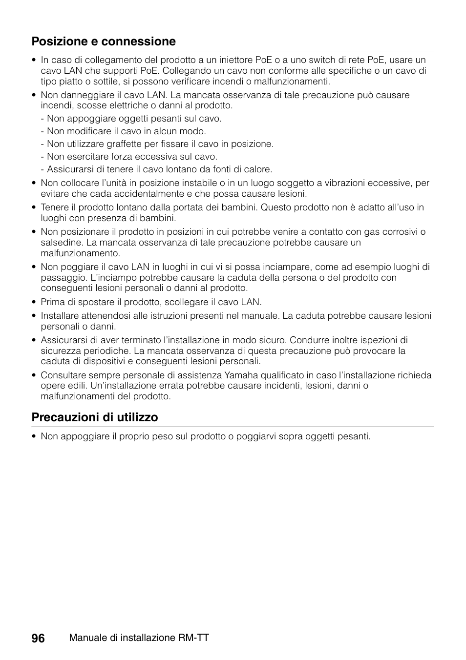 Posizione e connessione, Precauzioni di utilizzo | Yamaha ADECIA RM-TT Wired Tabletop Array Microphone (Black) User Manual | Page 96 / 184