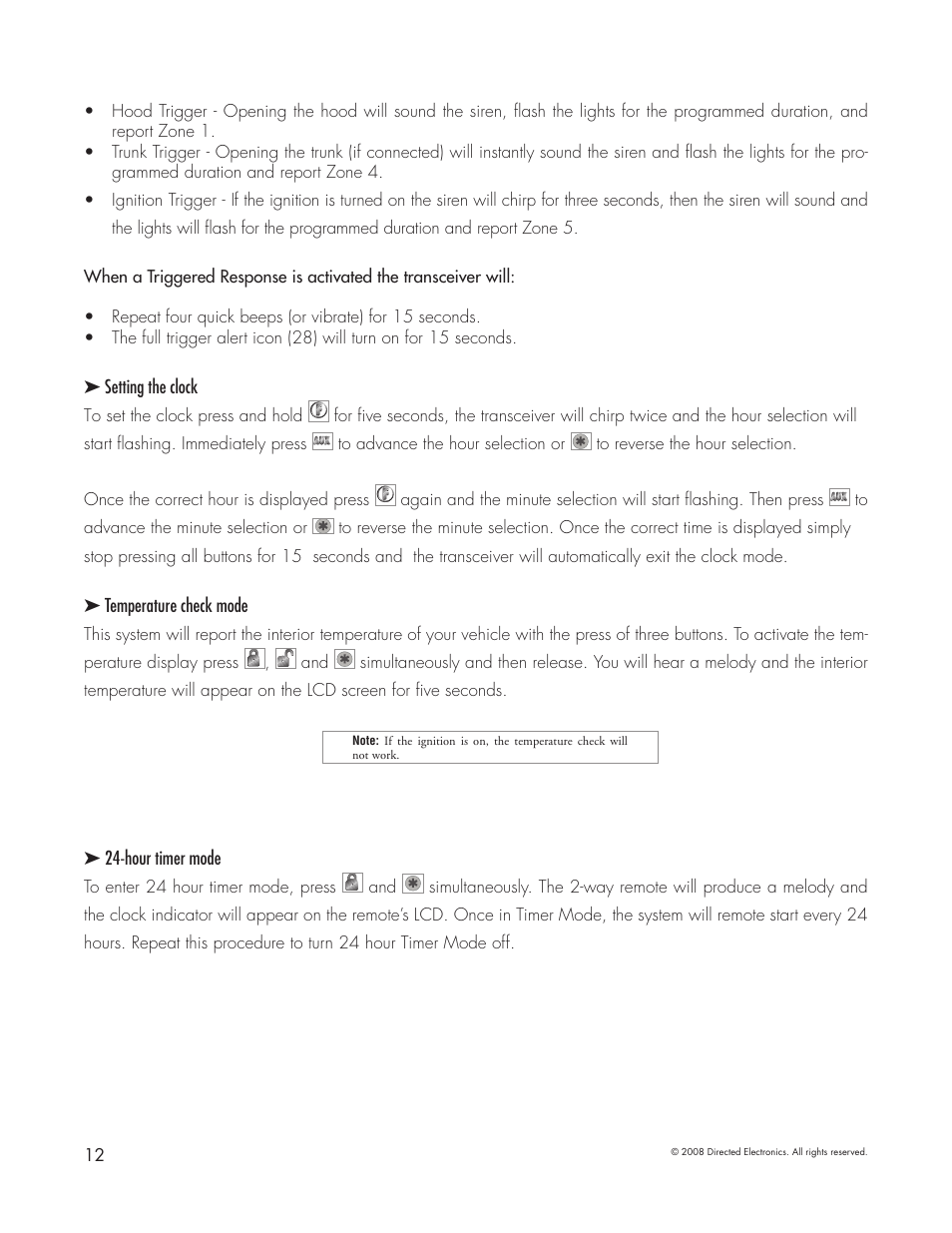 Setting the clock, Temperature check mode, Hour timer mode | Directed Electronics 5303 User Manual | Page 12 / 13