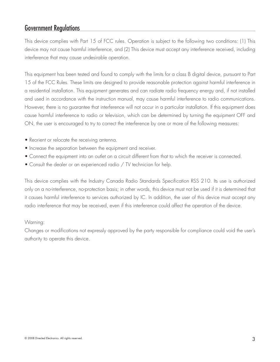 Government regulations | Directed Electronics 5303 User Manual | Page 3 / 13