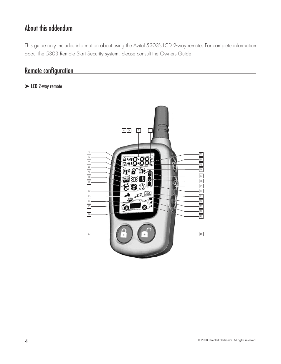 About this addendum, Remote configuration, Lcd 2-way remote | Directed Electronics 5303 User Manual | Page 4 / 13