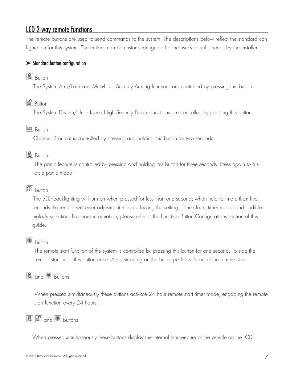 Lcd 2-way remote functions, Standard button configuration, Button | Directed Electronics 5303 User Manual | Page 7 / 13