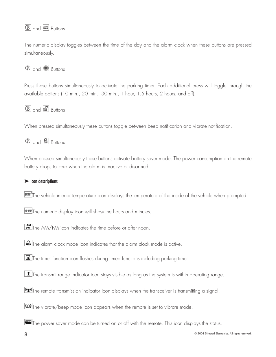 Icon descriptions | Directed Electronics 5303 User Manual | Page 8 / 13