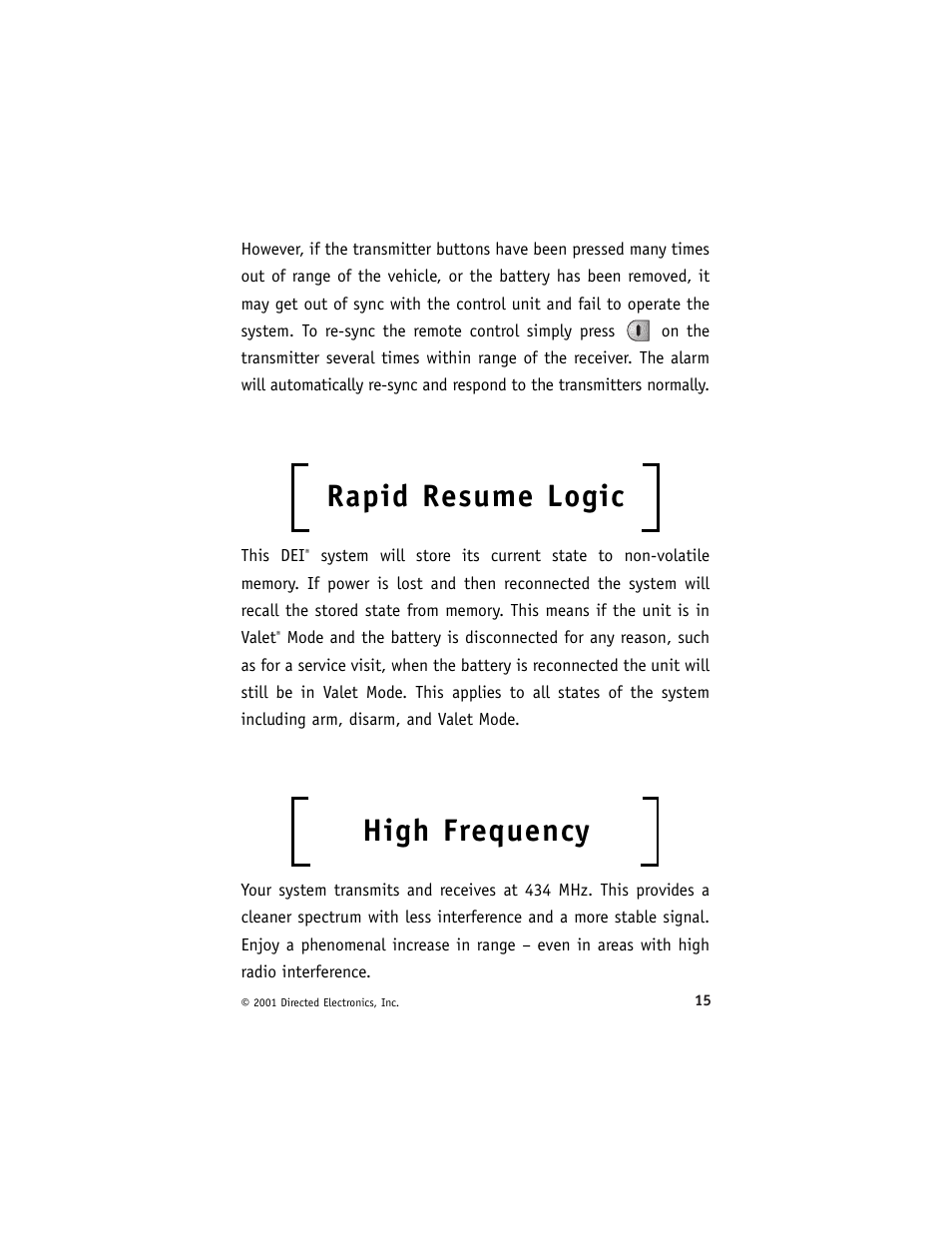 Rapid resume logic, High frequency | Directed Electronics 2000 User Manual | Page 18 / 25