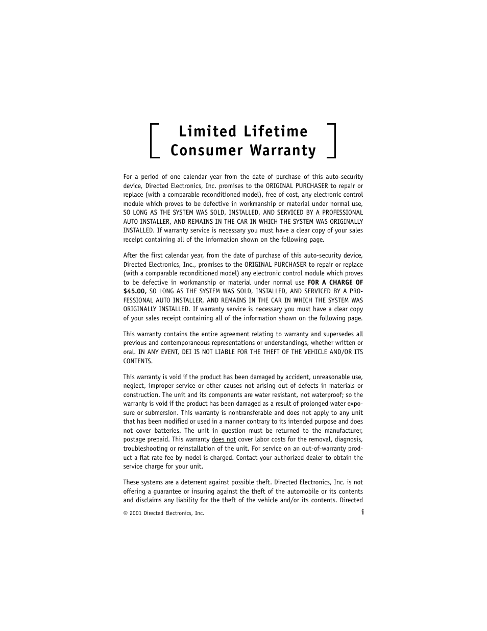 Limited lifetime consumer warranty | Directed Electronics 2000 User Manual | Page 2 / 25