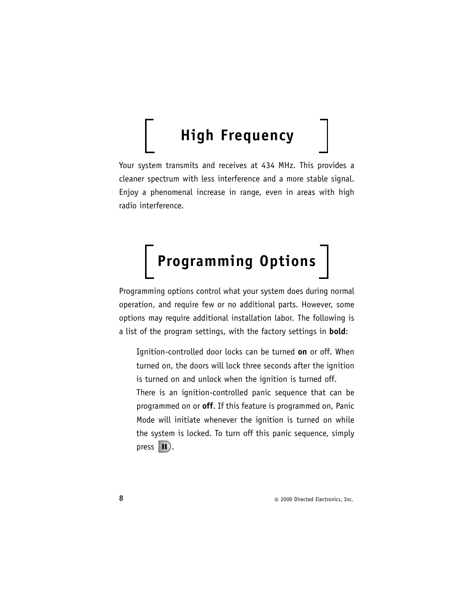 High frequency, Programming options | Directed Electronics 411R Series User Manual | Page 11 / 17