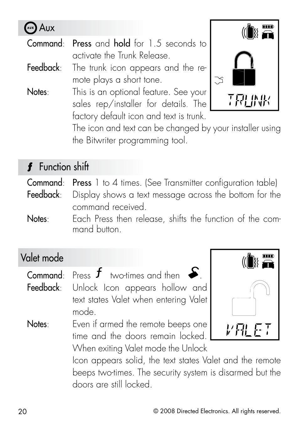 Function shift, Valet mode | Directed Electronics 50.7X User Manual | Page 20 / 60