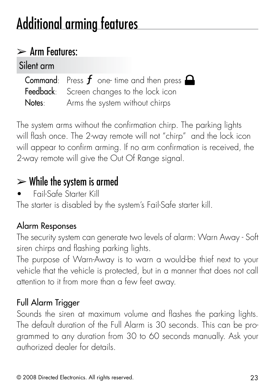 Additional arming features, Arm features, While the system is armed | Silent arm | Directed Electronics 50.7X User Manual | Page 23 / 60