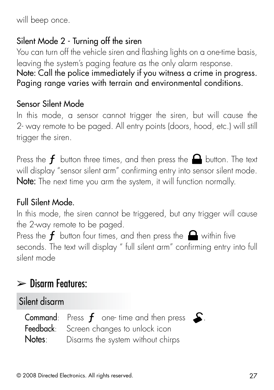 Disarm features, Silent disarm | Directed Electronics 50.7X User Manual | Page 27 / 60