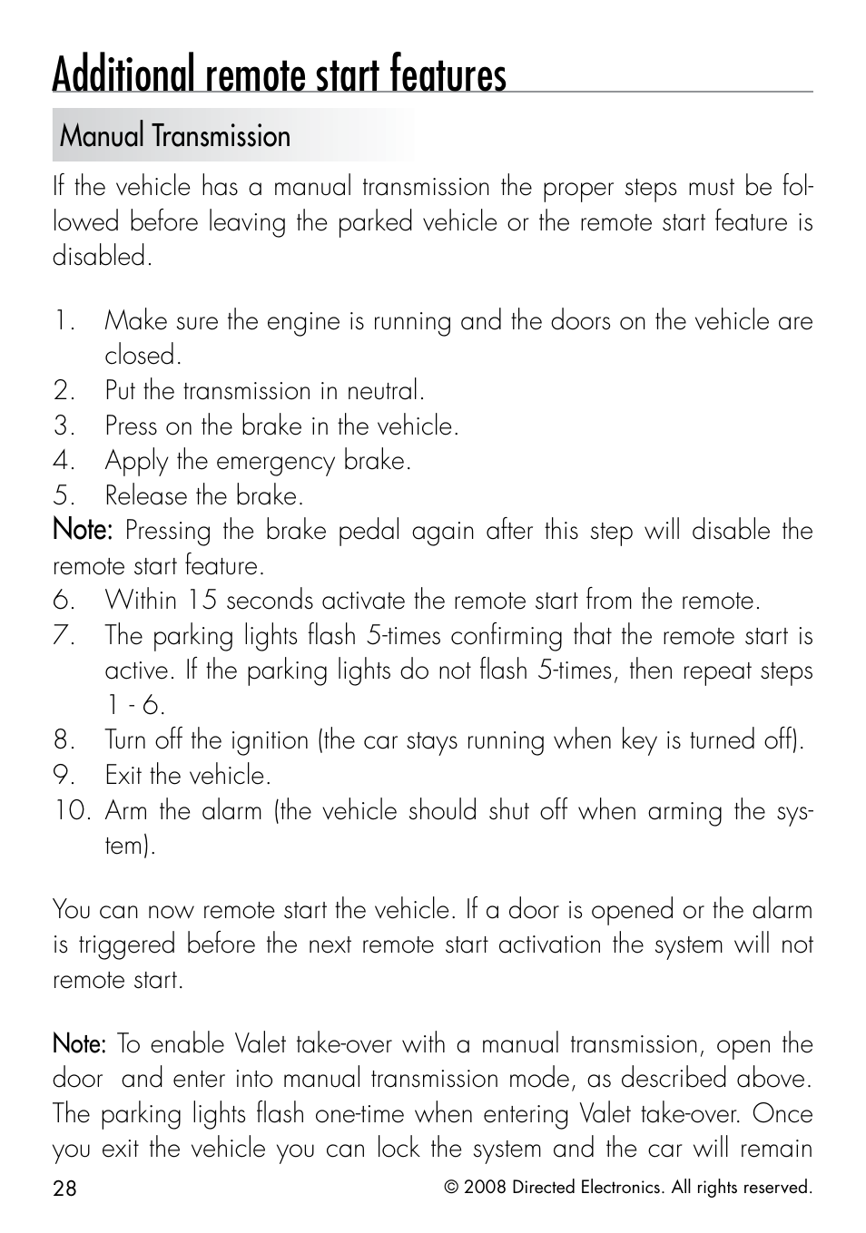 Additional remote start features, Manual transmission | Directed Electronics 50.7X User Manual | Page 28 / 60