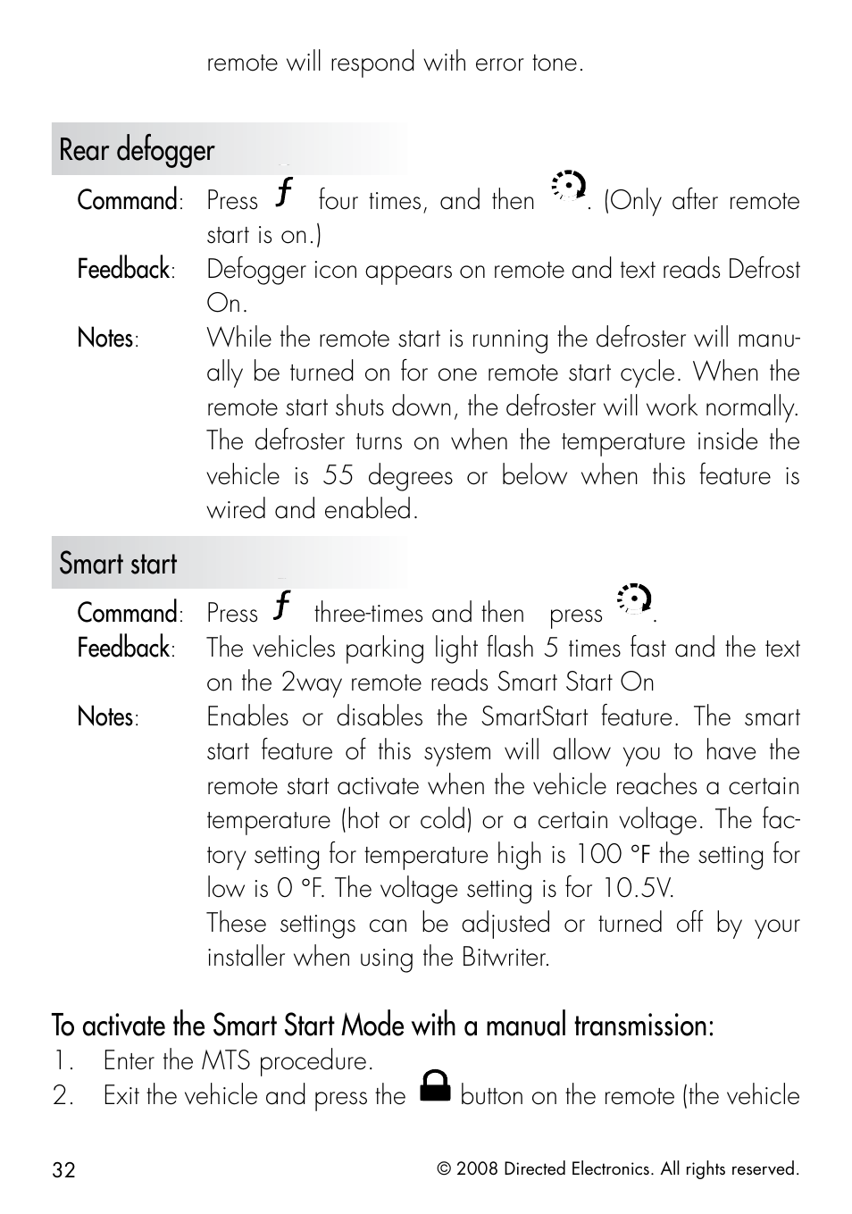 Rear defogger, Smart start | Directed Electronics 50.7X User Manual | Page 32 / 60