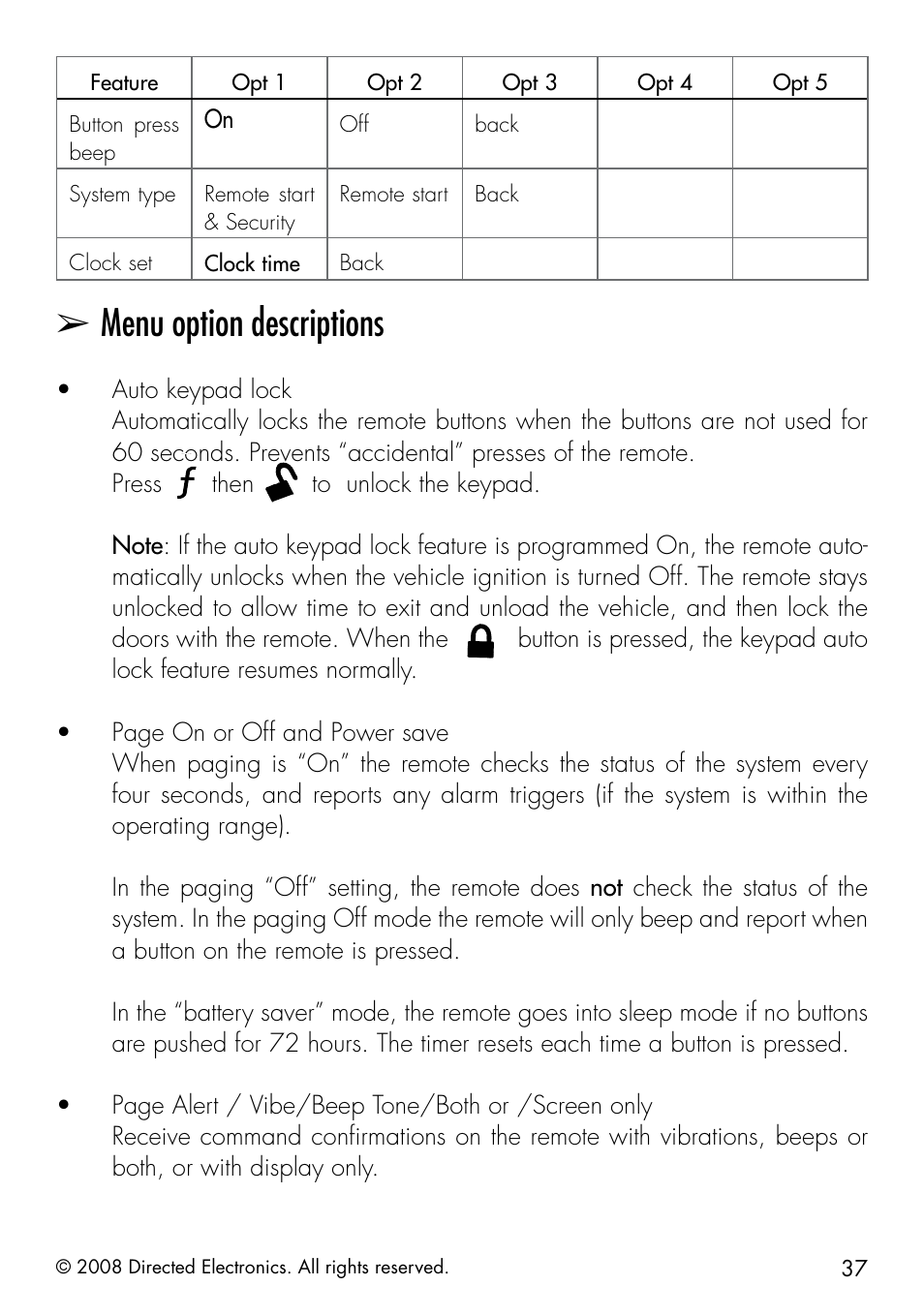 Menu option descriptions | Directed Electronics 50.7X User Manual | Page 37 / 60