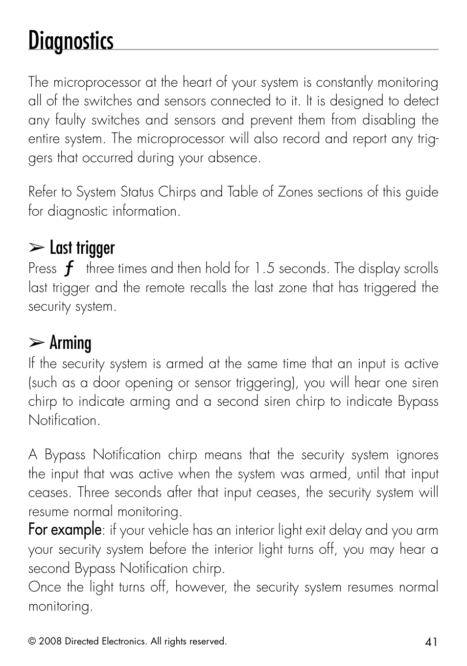 Diagnostics, Last trigger, Arming | Directed Electronics 50.7X User Manual | Page 41 / 60