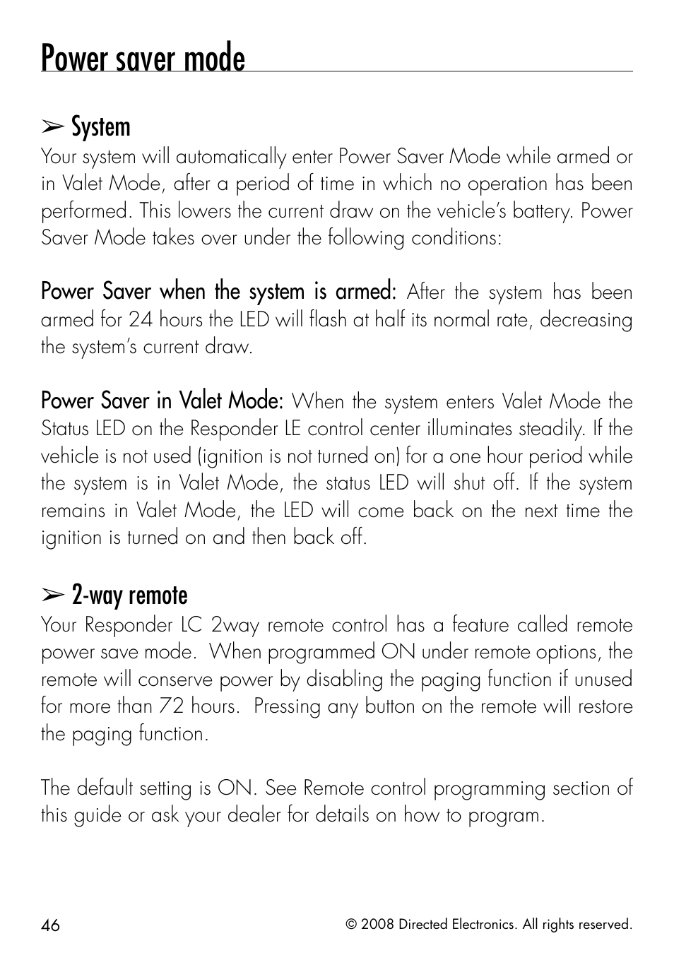 Power saver mode, System, Way remote | Directed Electronics 50.7X User Manual | Page 46 / 60