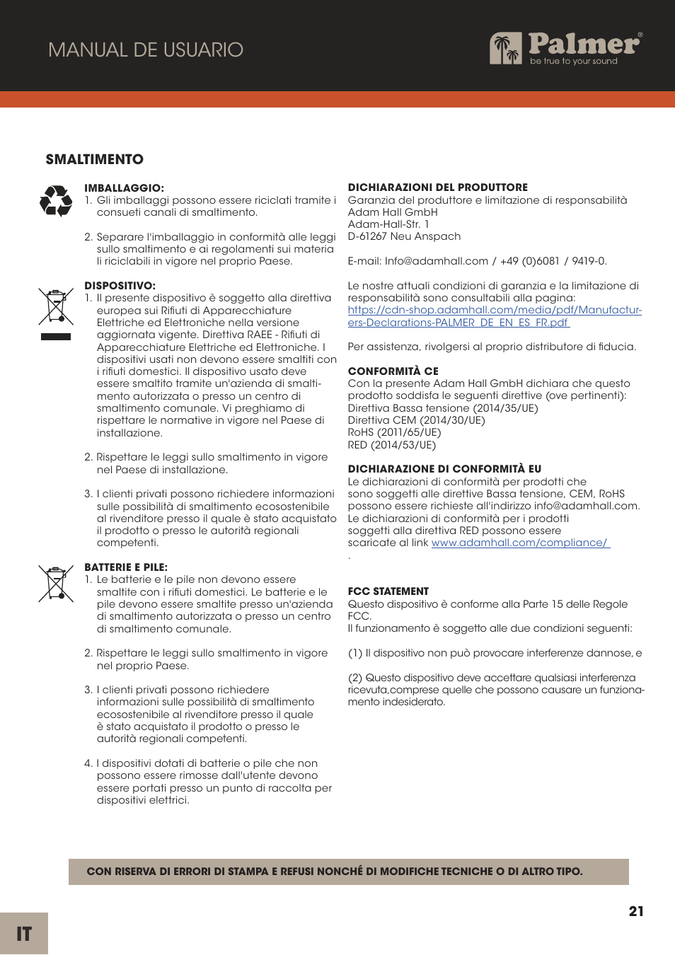 Manual de usuario, Smaltimento | Palmer Channel Merge Line Isolation Box User Manual | Page 21 / 42