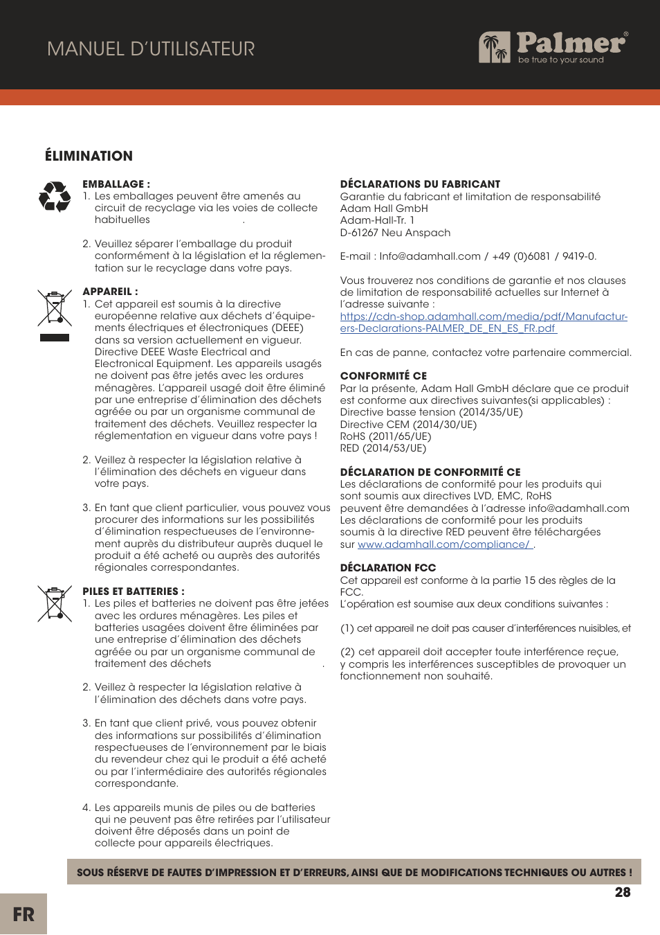 Manuel d’utilisateur, Élimination | Palmer Channel Merge Line Isolation Box User Manual | Page 28 / 42