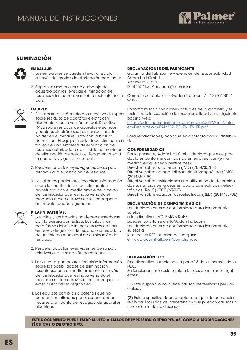 Es manual de instrucciones, Eliminación | Palmer Channel Merge Line Isolation Box User Manual | Page 35 / 42