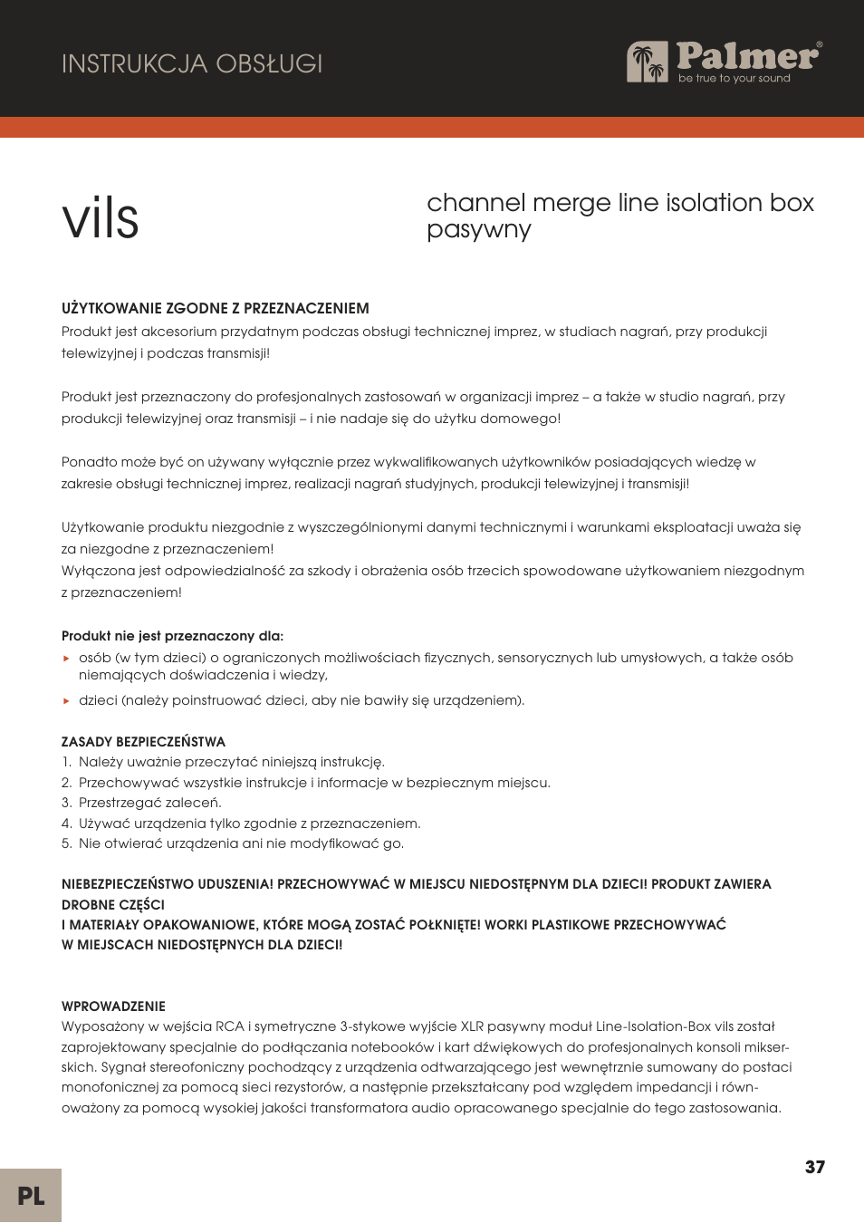 Vils, Channel merge line isolation box pasywny, Instrukcja obsługi pl | Palmer Channel Merge Line Isolation Box User Manual | Page 37 / 42