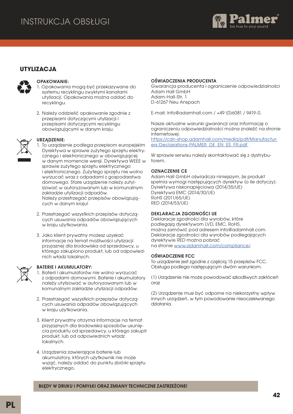 Instrukcja obsługi pl, Utylizacja | Palmer Channel Merge Line Isolation Box User Manual | Page 42 / 42