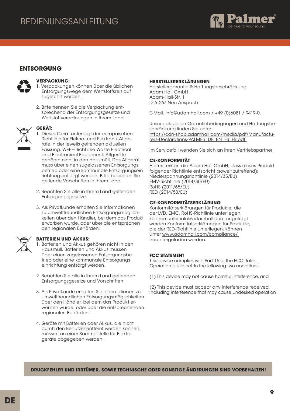 Bedienungsanleitung, Entsorgung | Palmer Channel Merge Line Isolation Box User Manual | Page 9 / 42