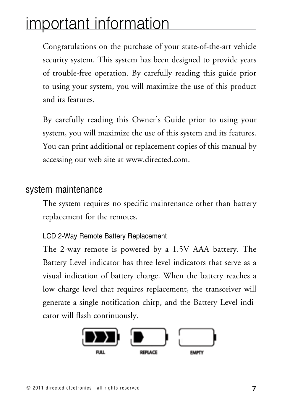 Important information | Directed Electronics AVITAL 3300L User Manual | Page 12 / 41