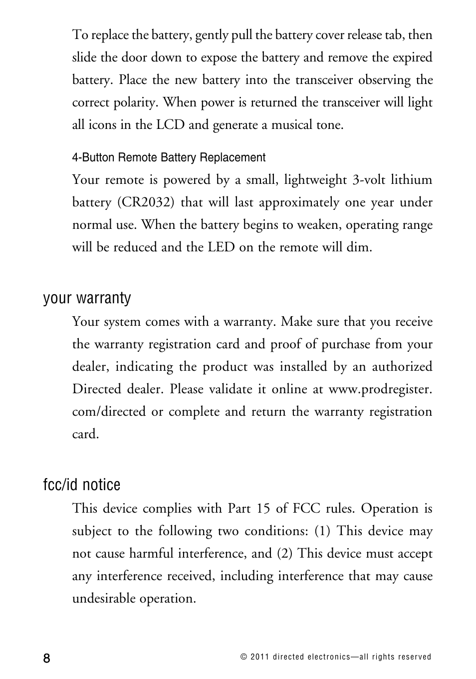 Your warranty, Fcc/id notice | Directed Electronics AVITAL 3300L User Manual | Page 13 / 41
