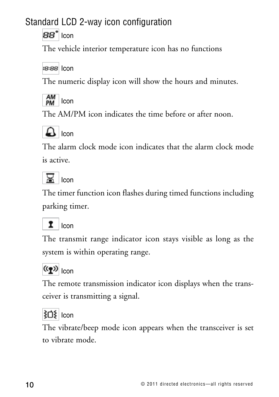 Standard lcd 2-way icon configuration | Directed Electronics AVITAL 3300L User Manual | Page 15 / 41