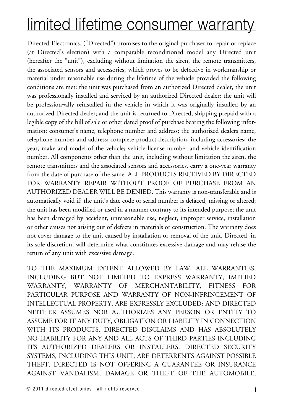 Limited lifetime consumer warranty | Directed Electronics AVITAL 3300L User Manual | Page 2 / 41