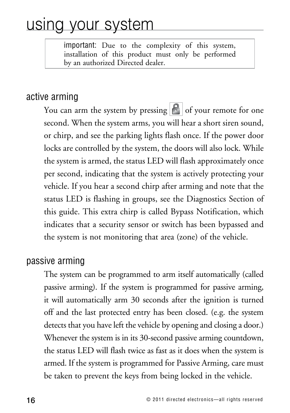 Using your system, Active arming, Passive arming | Directed Electronics AVITAL 3300L User Manual | Page 21 / 41