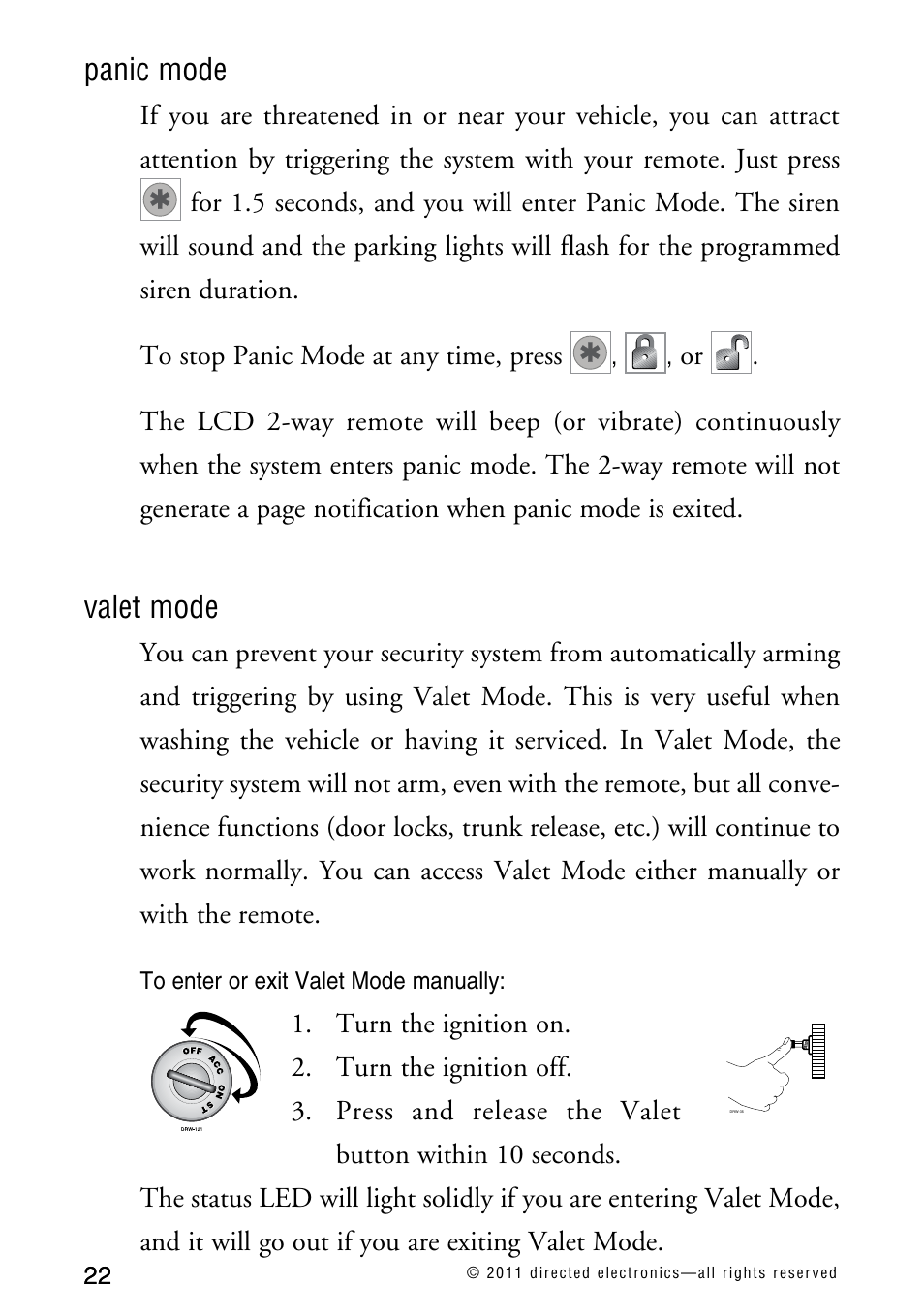 Panic mode, Valet mode, Turn the ignition on | Directed Electronics AVITAL 3300L User Manual | Page 27 / 41