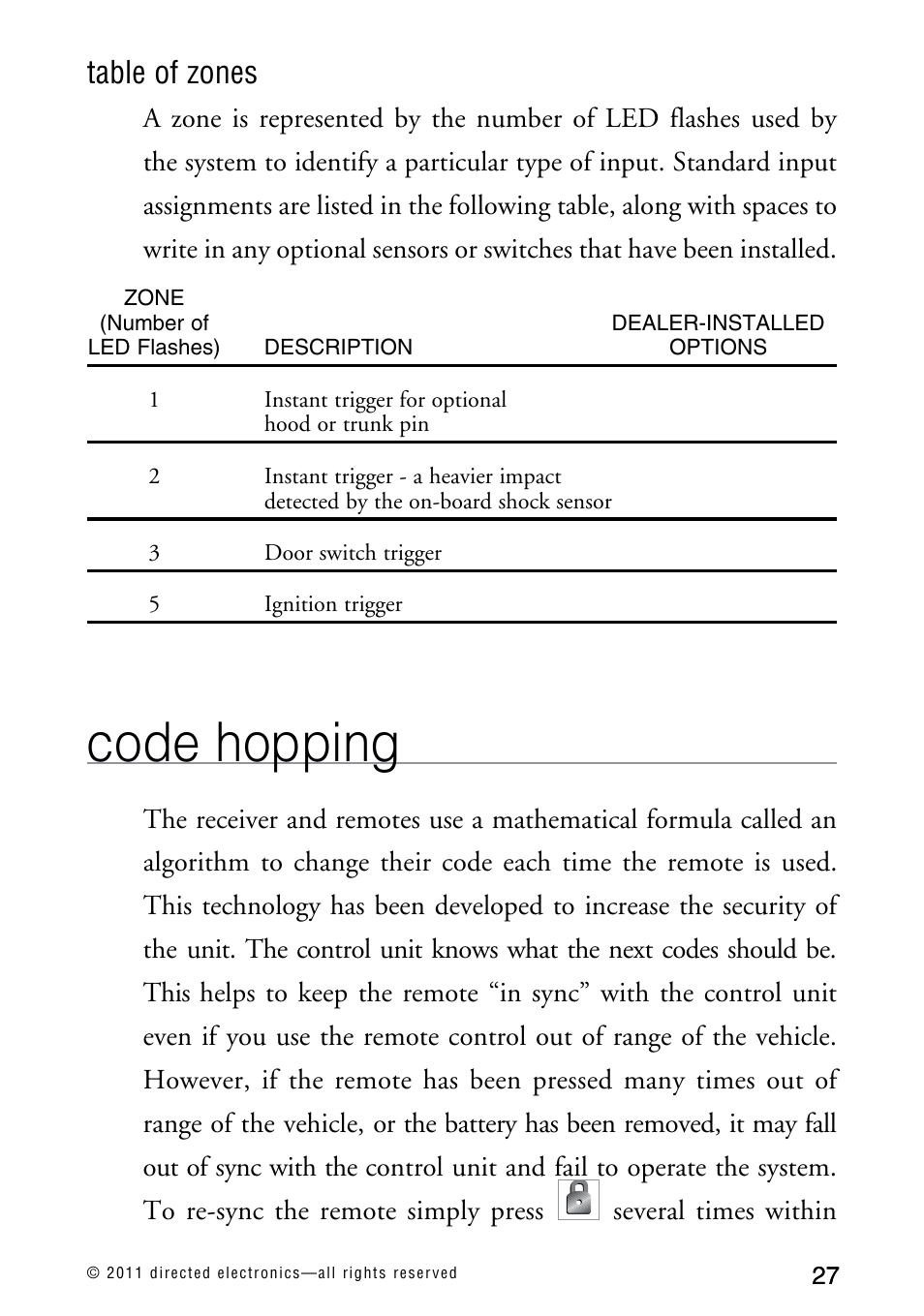 Code hopping, Table of zones | Directed Electronics AVITAL 3300L User Manual | Page 32 / 41