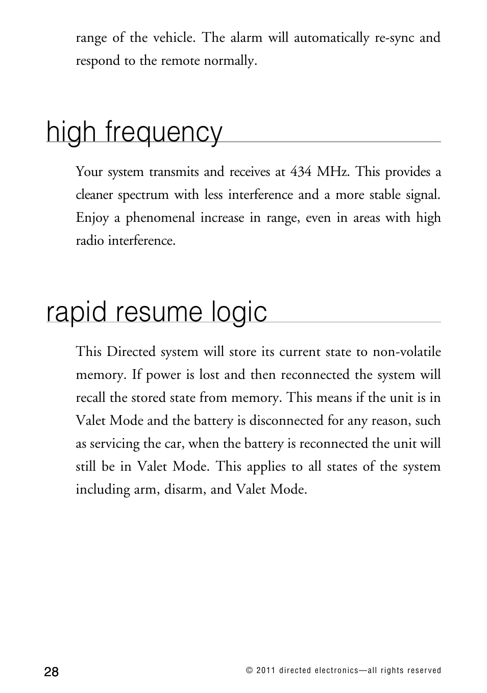 High frequency, Rapid resume logic | Directed Electronics AVITAL 3300L User Manual | Page 33 / 41