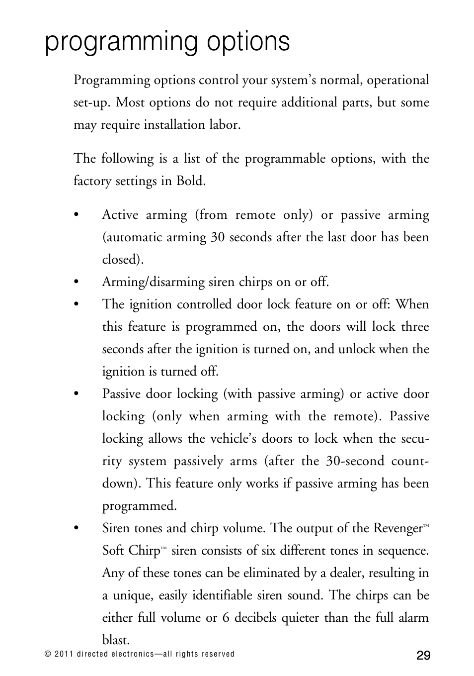 Programming options | Directed Electronics AVITAL 3300L User Manual | Page 34 / 41