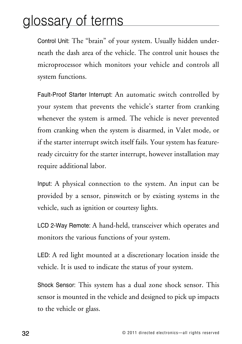 Glossary of terms | Directed Electronics AVITAL 3300L User Manual | Page 37 / 41