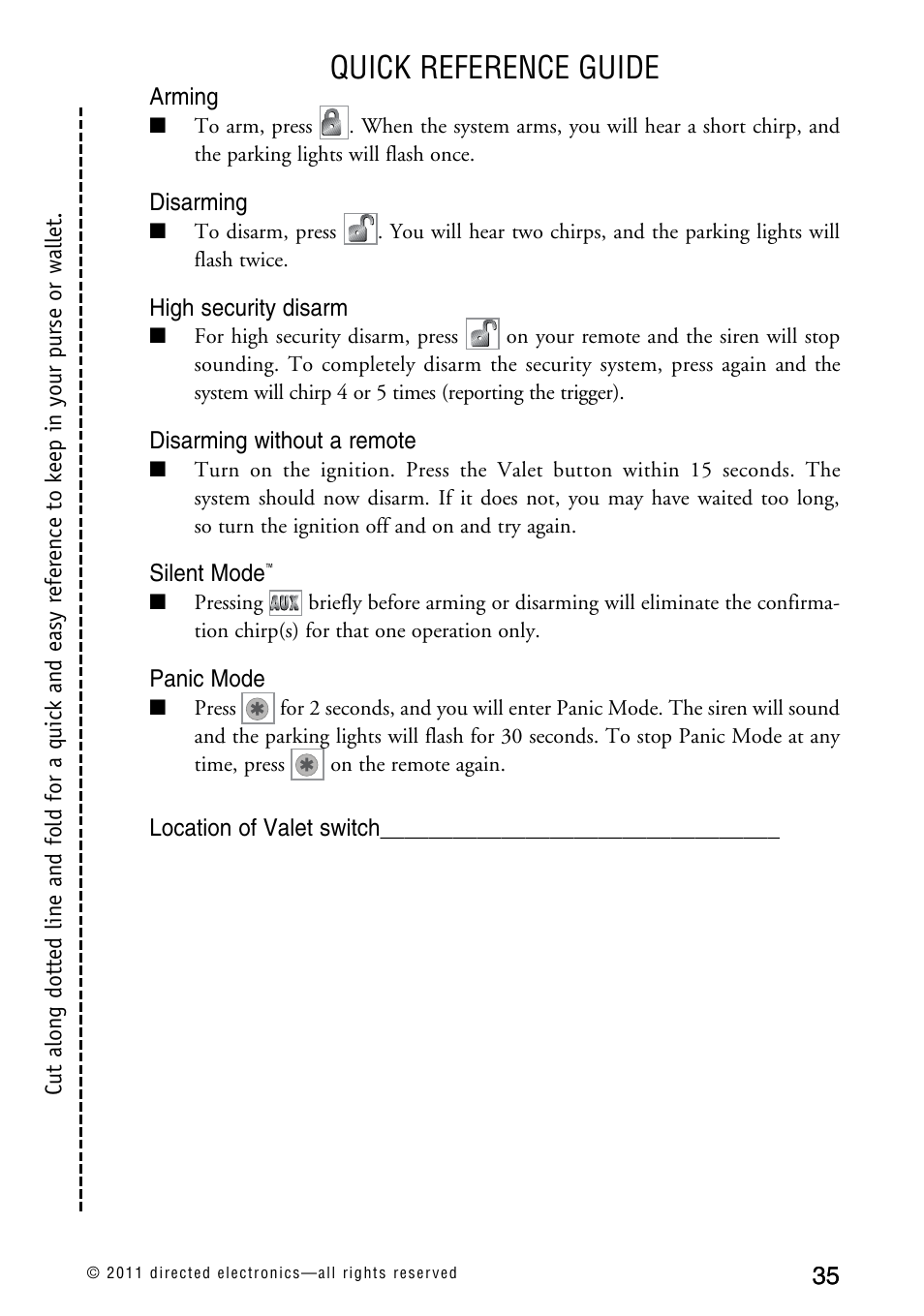 Quick reference guide | Directed Electronics AVITAL 3300L User Manual | Page 40 / 41