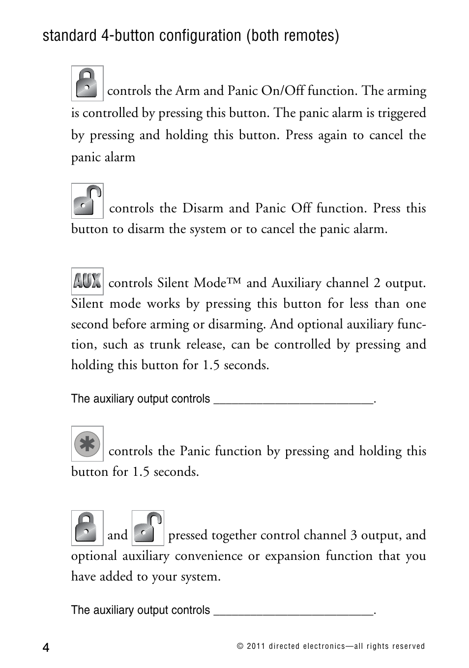 Standard 4-button configuration (both remotes) | Directed Electronics AVITAL 3300L User Manual | Page 9 / 41