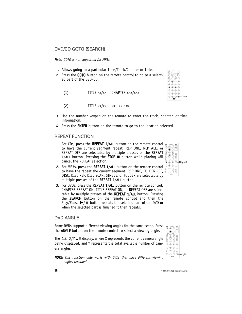 Rre ep pe ea at t f fu un nc ct tiio on n, Ddv vd d a an ng gl le e, For cds, press the r reep peea att 1 1 | Button. 3. for dvds, press the r reep peea att 1 1 | Directed Electronics N82900 User Manual | Page 18 / 27