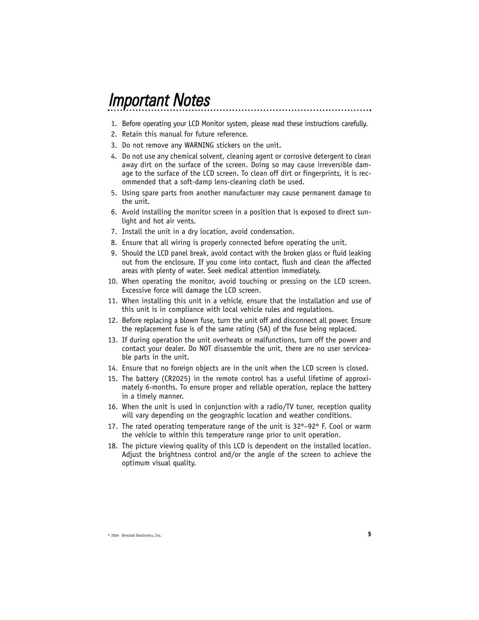 Iim mppoorrttaanntt n nootteess | Directed Electronics N82900 User Manual | Page 5 / 27