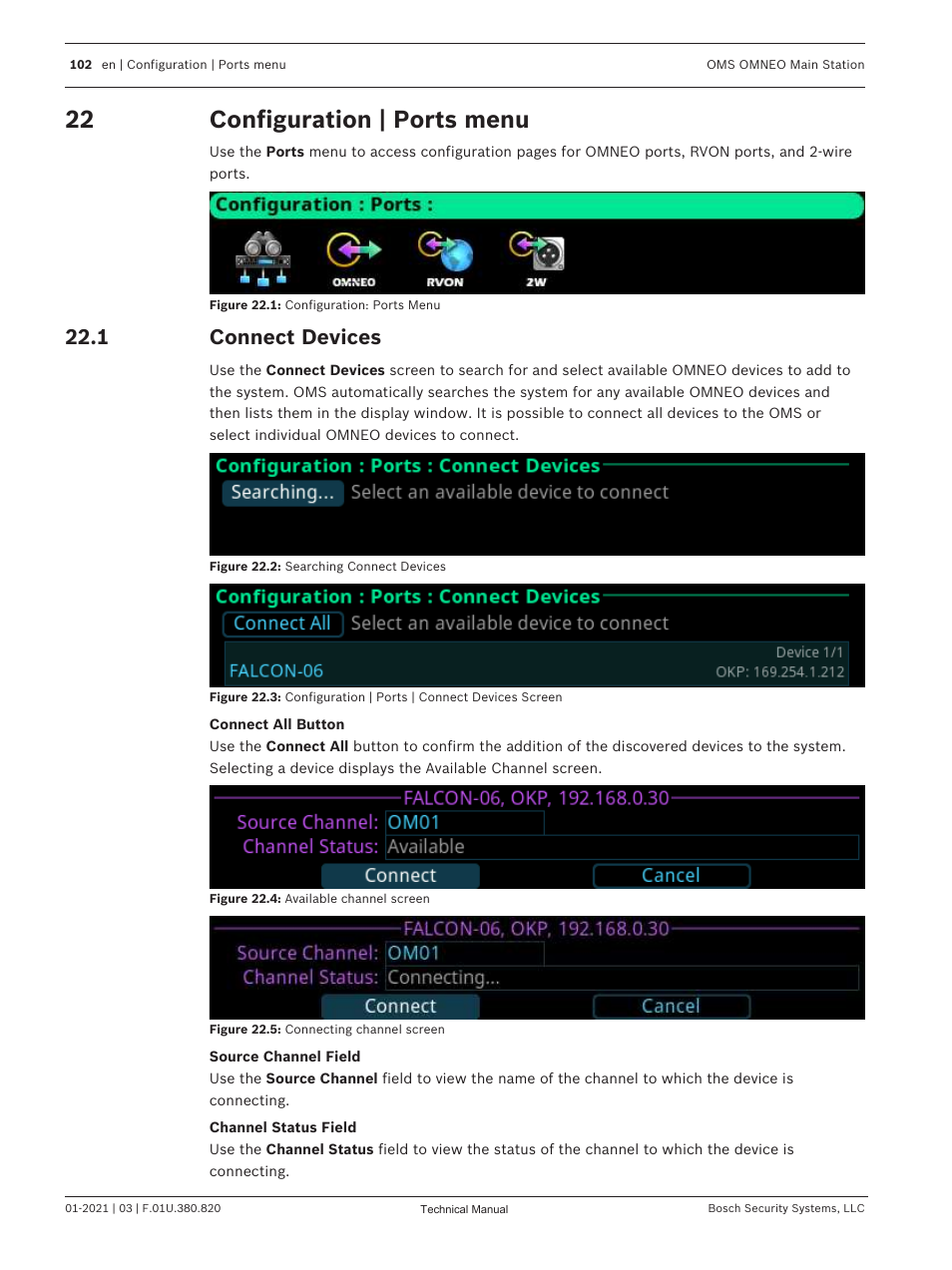 22 configuration | ports menu, 1 connect devices, Configuration | ports menu | Connect devices | Telex RTS OMS OMNEO Main Station Advanced Digital Partyline Intercom Base (5-Pin Female) User Manual | Page 102 / 168