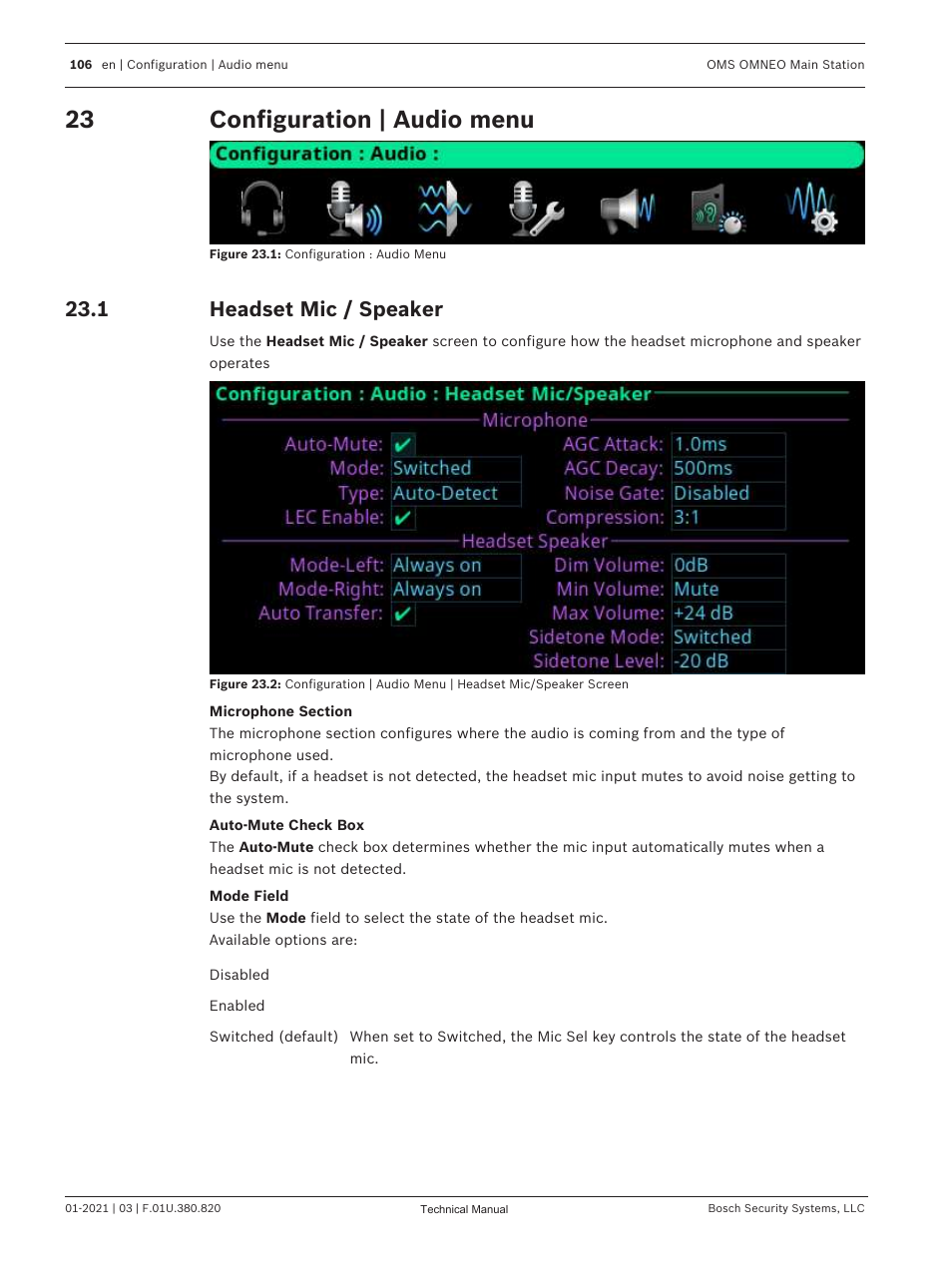 23 configuration | audio menu, 1 headset mic / speaker, Configuration | audio menu | Headset mic / speaker, Local audio settings, Configuration, Settings. see, Headset mic | Telex RTS OMS OMNEO Main Station Advanced Digital Partyline Intercom Base (5-Pin Female) User Manual | Page 106 / 168