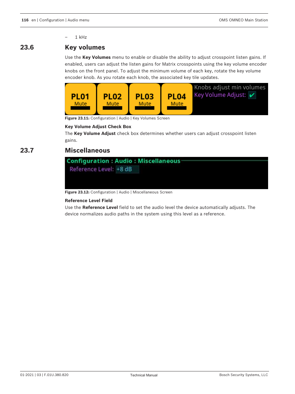 6 key volumes, 7 miscellaneous, Key volumes | Miscellaneous, Listen gains. see | Telex RTS OMS OMNEO Main Station Advanced Digital Partyline Intercom Base (5-Pin Female) User Manual | Page 116 / 168