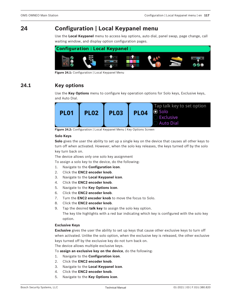 24 configuration | local keypanel menu, 1 key options, Configuration | local keypanel menu | Key options | Telex RTS OMS OMNEO Main Station Advanced Digital Partyline Intercom Base (5-Pin Female) User Manual | Page 117 / 168