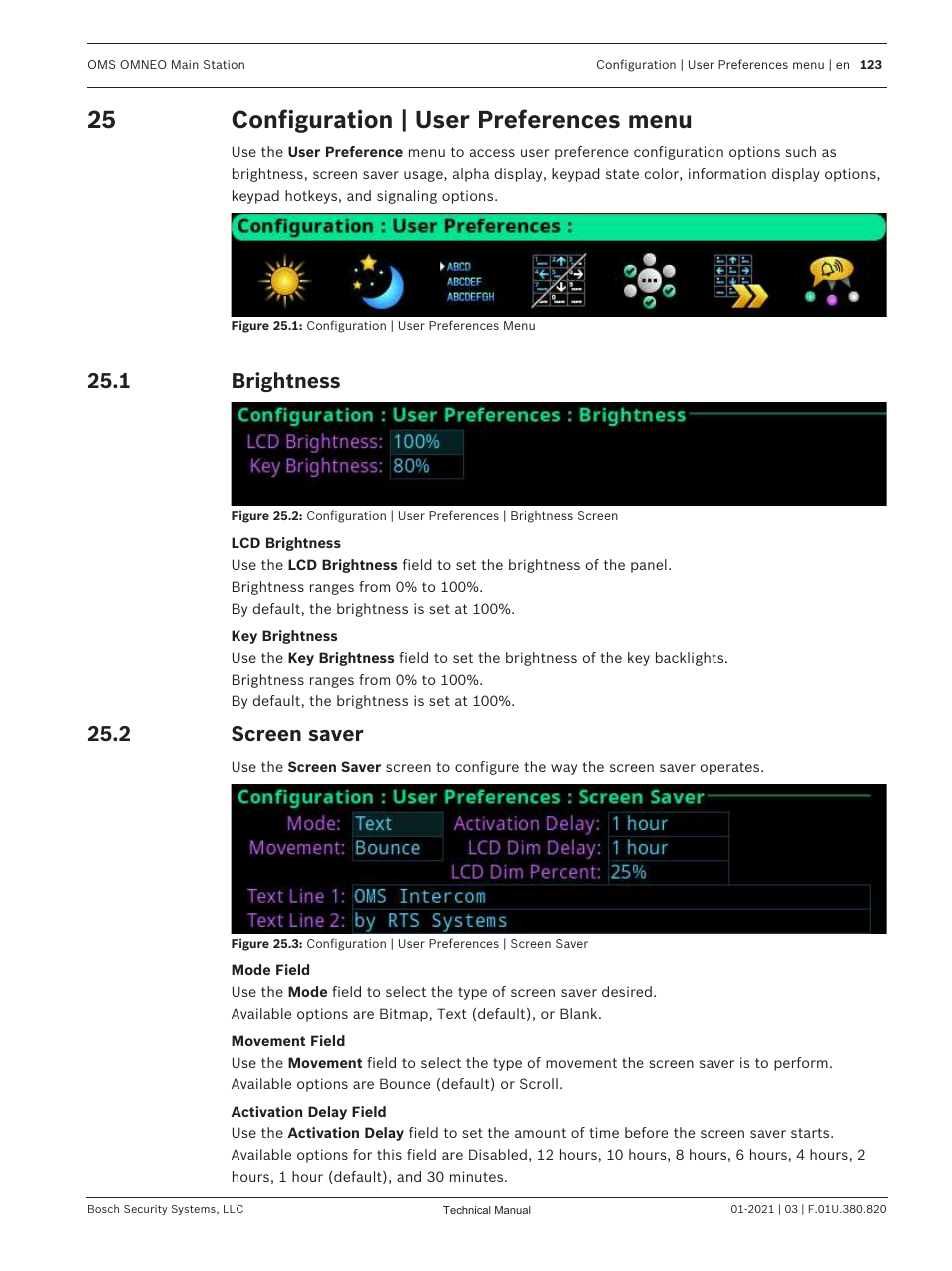 25 configuration | user preferences menu, 1 brightness, 2 screen saver | Configuration | user preferences menu, Brightness, Screen saver, Operation. see, Configuration, Brightness. see, Displays. see | Telex RTS OMS OMNEO Main Station Advanced Digital Partyline Intercom Base (5-Pin Female) User Manual | Page 123 / 168