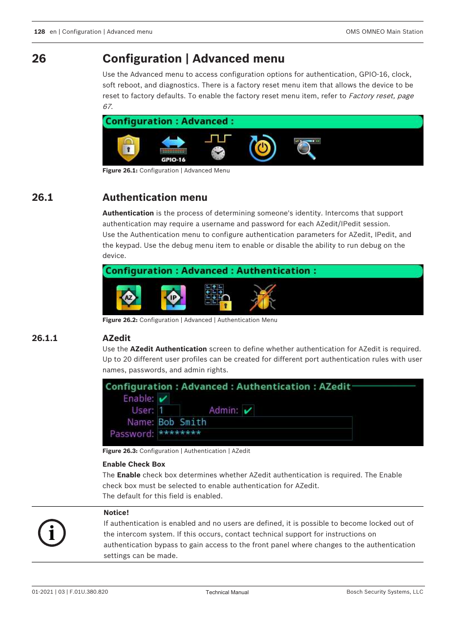 26 configuration | advanced menu, 1 authentication menu, 1 azedit | Configuration | advanced menu, Authentication menu, Azedit, To modify. see, Configuration, Authentication | Telex RTS OMS OMNEO Main Station Advanced Digital Partyline Intercom Base (5-Pin Female) User Manual | Page 128 / 168