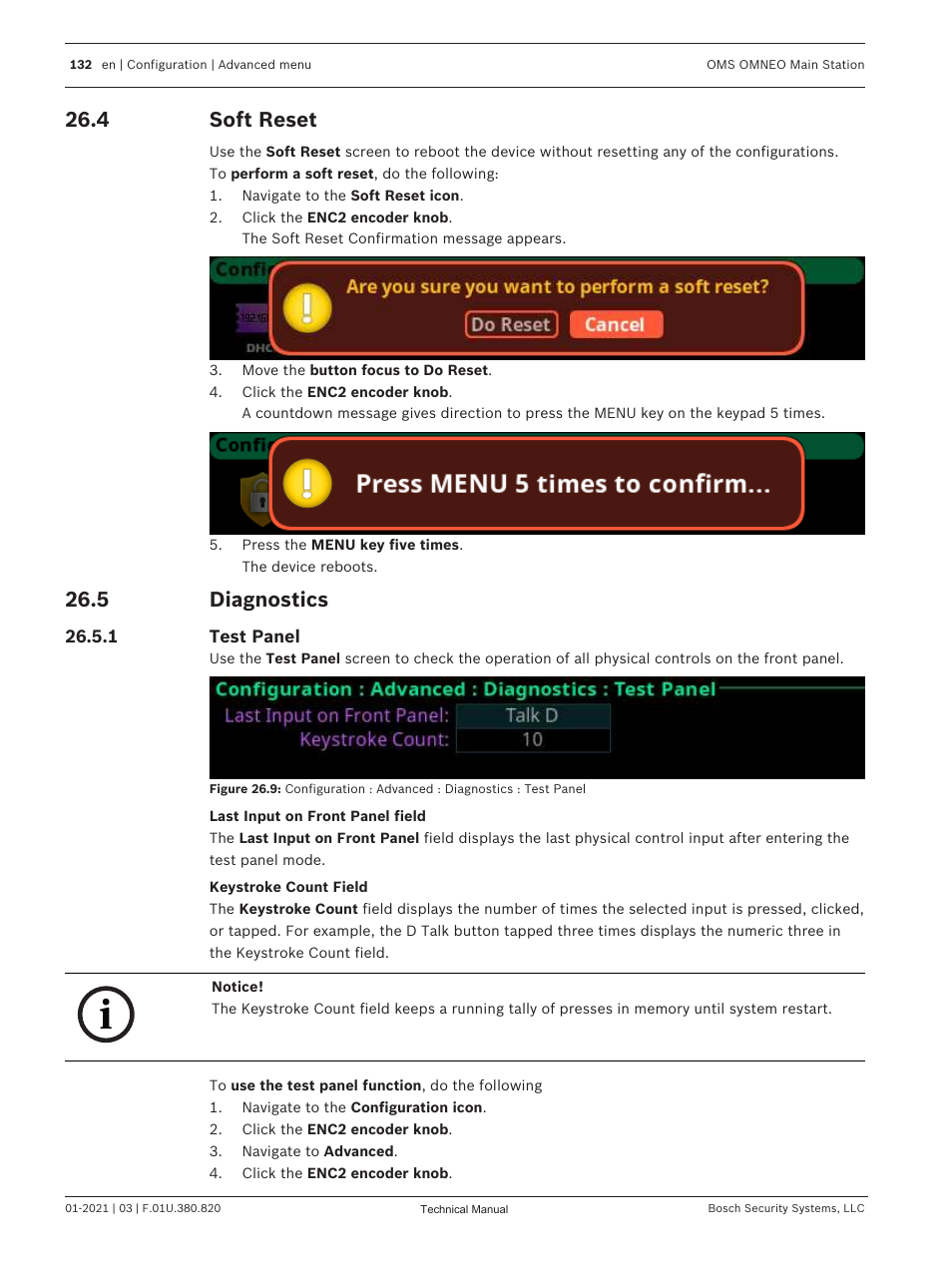 4 soft reset, 5 diagnostics, 1 test panel | Soft reset, Diagnostics, Test panel, Frame. see, Properly. see | Telex RTS OMS OMNEO Main Station Advanced Digital Partyline Intercom Base (5-Pin Female) User Manual | Page 132 / 168